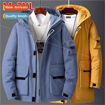 Down jacket men medium-length hooded work winter men thicken