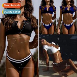 Half Sleeve Swimsu Color Solid Spl Bikini Button Concealed