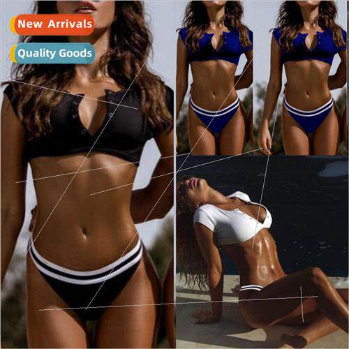 3 Color Bikini Half Sleeve Concealed Button Spl Swimsu Solid