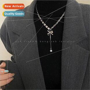 Bow tanium steel tassel necklace women fall winter niche sen