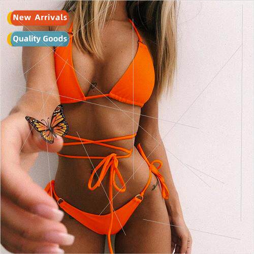 New swimsu solid color strappy womens swimsu spl triangle cu