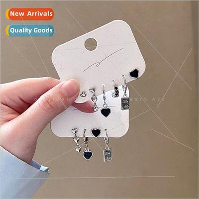 Black drip glaze love heart earring buckle set female summer