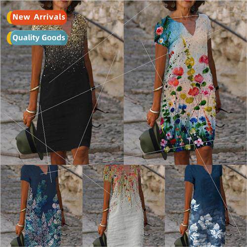 2023 Women Spring New  Posioning Printed V-Neck Short Sleeve