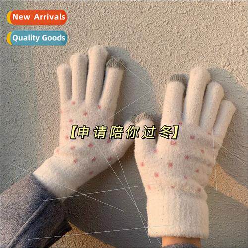 Cute woolen gloves knted touch screen Korea  dots warm padde