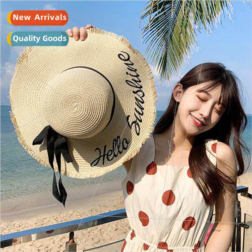 hello straw hat ladies bow large brim hat round top sunscree