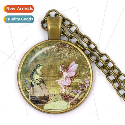 Vintage Frog Fairy Pendant Necklace Glass Cabochon Ladies Fa