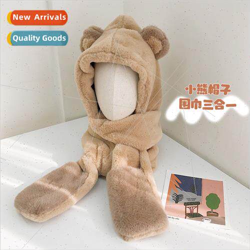 Bear hat scarf gloves threePCS female all-in-one cap cute pl