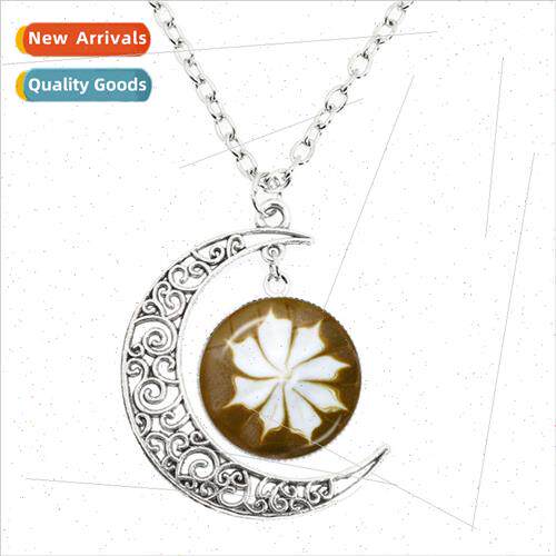 Cafe Latte Cappuccino Pattern Moon Necklace Round Glass Pend