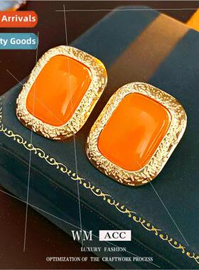 Earrings silver pin pleated metal square resin earrings retr