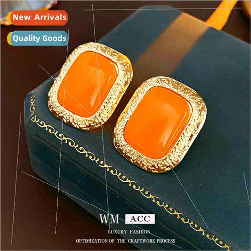 Earrings silver pin pleated metal square resin earrings retr