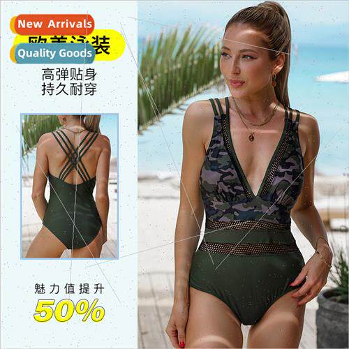 Summer one-piece swimsu female new Europe printing deep v sp