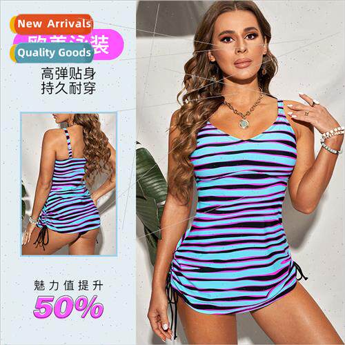 Europe Striped Spl Swimsu Summer New High Waist Halter Sport