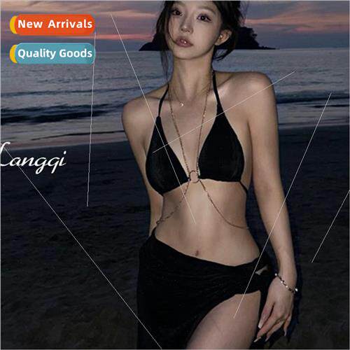 Black chain swimsu women bikini three-piece spl back swimsu