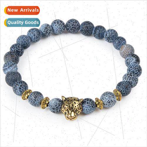 8MM Black Weathered Agate Alloy Leopard Head Bracelet Summer