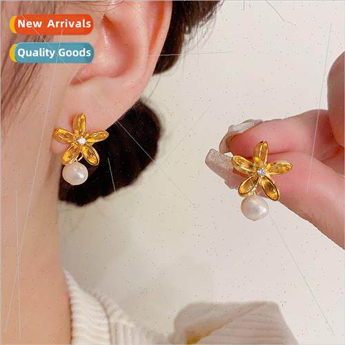 s925 silver needle simple fashion metal flowers hanging pear