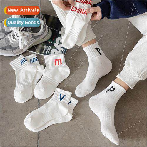 Whe socks men spring fall cotton mid-calf letters anti-odor