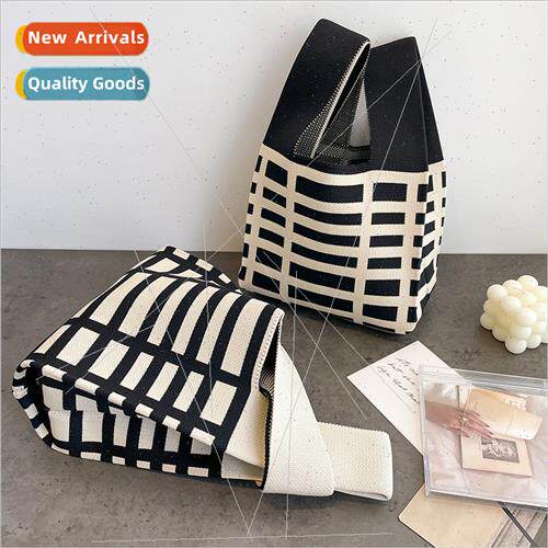 Korea  simple striped plaid knted handbag female convenient