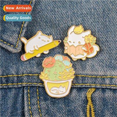 Students cute cartoon cat pencil brooch kten cactus potted p