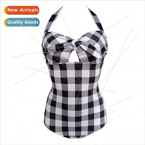 2022 Swimsu Triangle One-piece Plus ze Black and Whe Plaid S