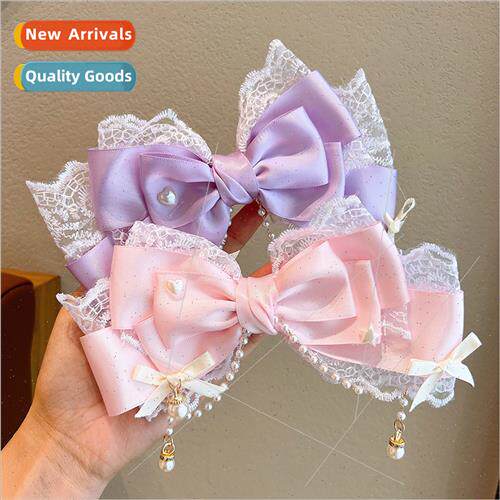 Cute children bow lace headdress pearl tassel mesh hair clip