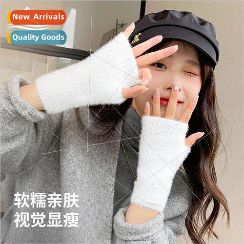 Winter wool knted half-finger gloves female Korea faux mink