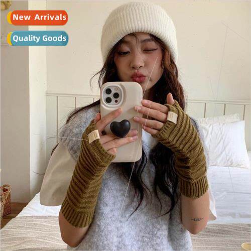 thickened warm candy-colored knted open-finger gloves female