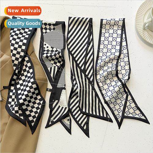 Black small fragrant wind small silk scarf female thin narro