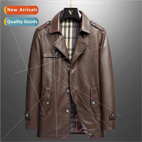 Autumn winter men medium-length windbreaker leather jacket K