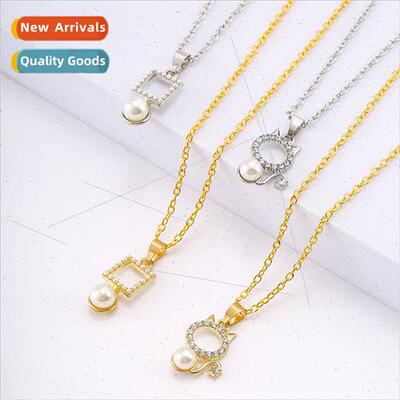 new hollow square full diamonds pearl necklace female person