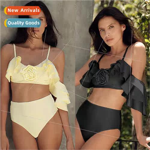 Irregular ruffled one-shoulder sleeve halter smocked high wa