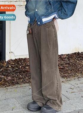 American retro washed pleated straight jeans men women loose
