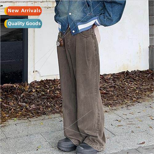 American retro washed pleated straight jeans men women loose