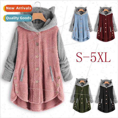 2021 Autumn Winter Button Hooded Cat Ears Plush Top Irregula