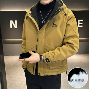 男士工装二棉外套2023新款秋冬季帅气连帽加棉夹克潮牌男秋装棉衣