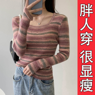 新款 打底毛衣大码 复古方领彩虹条纹针织衫 长袖 胖mm上衣 女韩版 秋季