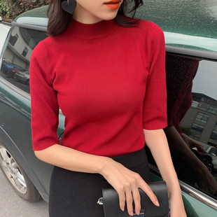 针织衫 半高领中袖 女胖mm200斤中袖 修身 毛衣上衣夏 秋装 打底衫 大码