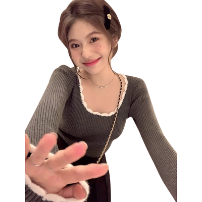 大码胖mm大圆领撞色打底针织衫女