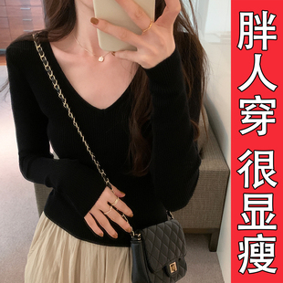 美式辣妹深V领长袖针织打底衫女秋冬高级感大码胖mm修身内搭上衣