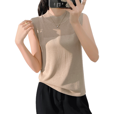 大码胖mm针织冰丝半高领吊带背心女夏外穿内搭镂空无袖上衣高级感
