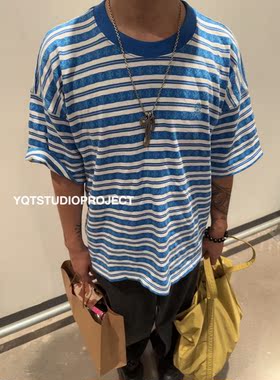25新款美式复古条纹十字印花宽松圆领短袖T恤潮男女