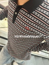 yqtstudio自主三色条纹翻领刺绣提花休闲宽松上衣T恤潮男女