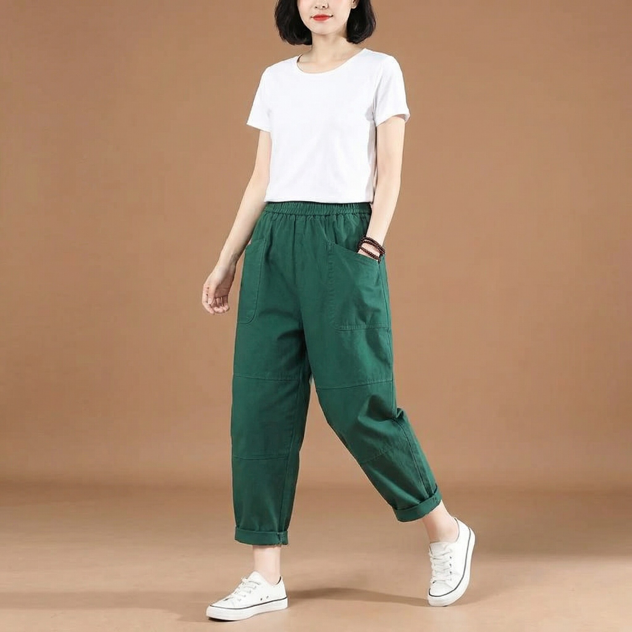 高腰直筒显瘦绿色棉质女九分裤
