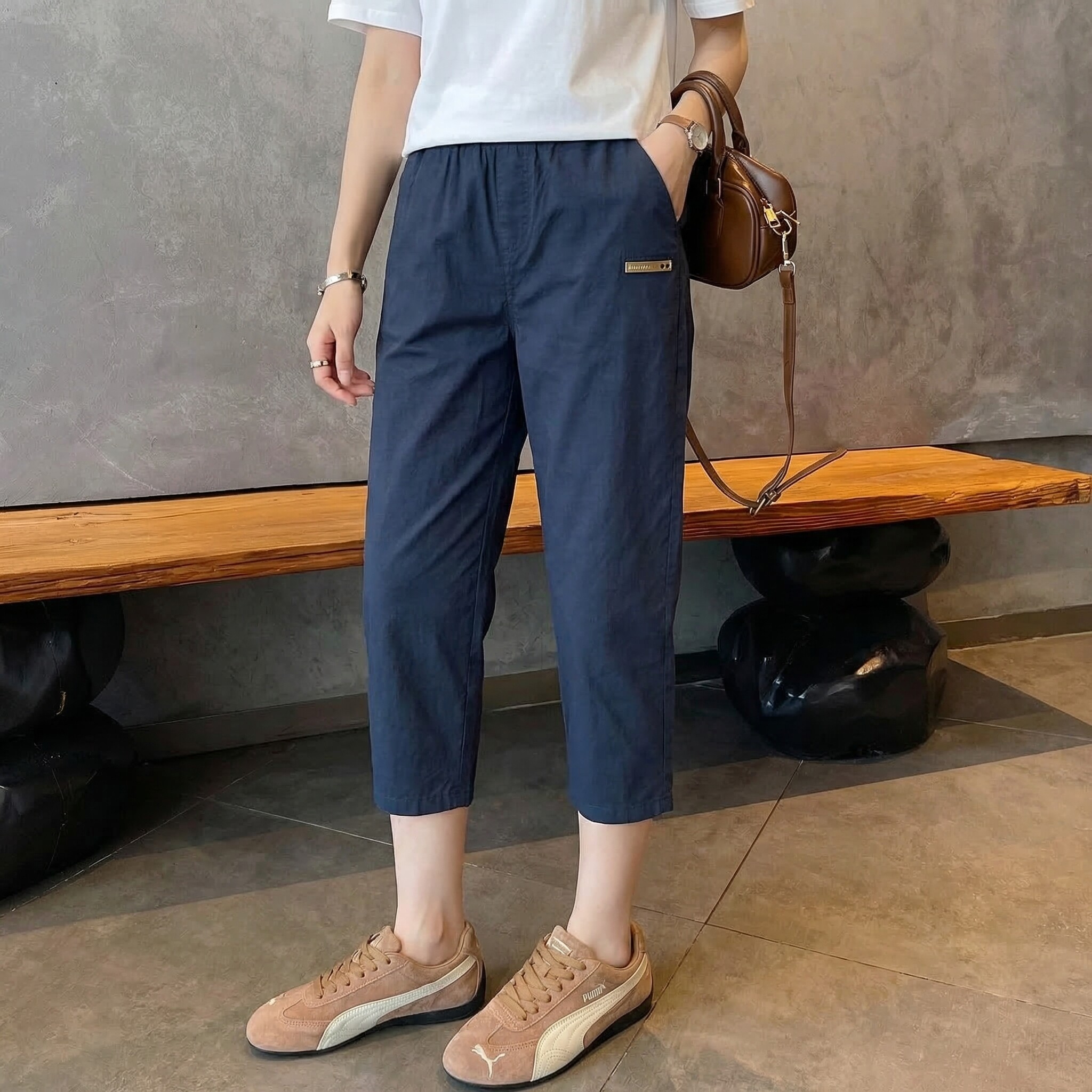 日系高腰七分显瘦哈伦裤女夏图片