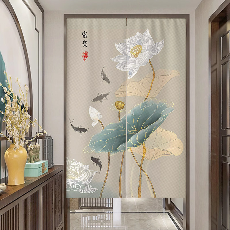 中式荷花门帘布帘卧室厕所门对门化解莲花布门帘隔断帘遮挡帘定制
