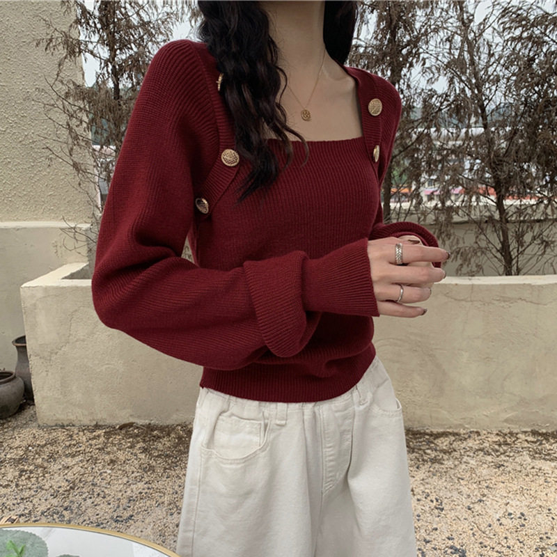 大码酒红色圣诞方领毛衣女秋冬胖mm显瘦内搭设计感打底针织衫