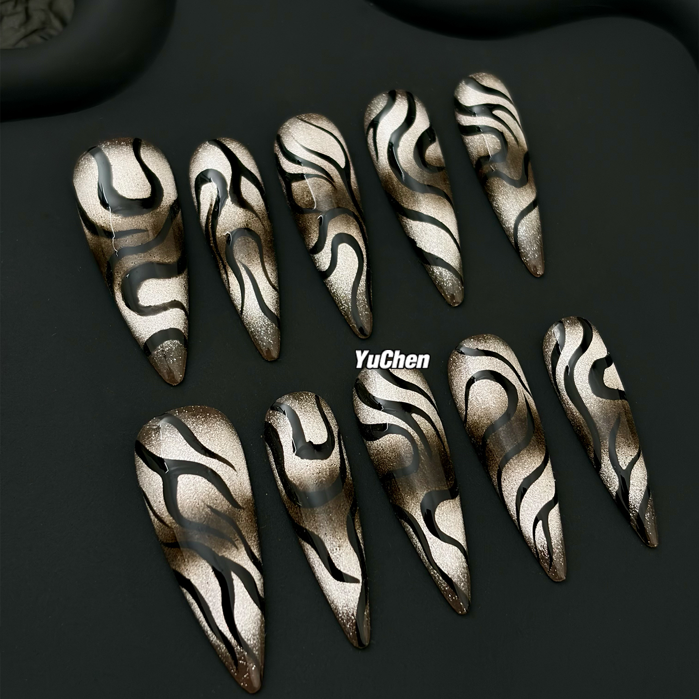 屿辰|黑雾迷踪 美甲穿戴甲爆闪猫眼纯手绘线条辣妹纯手工原创定制