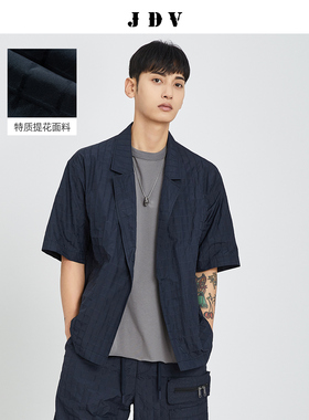 JDV男装夏季藏青色短袖百搭平驳领一粒扣西装休闲西服宽松外套