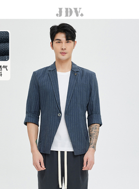 男装夏季新品蓝色条纹通勤中袖舒适休闲西装西服外套2143