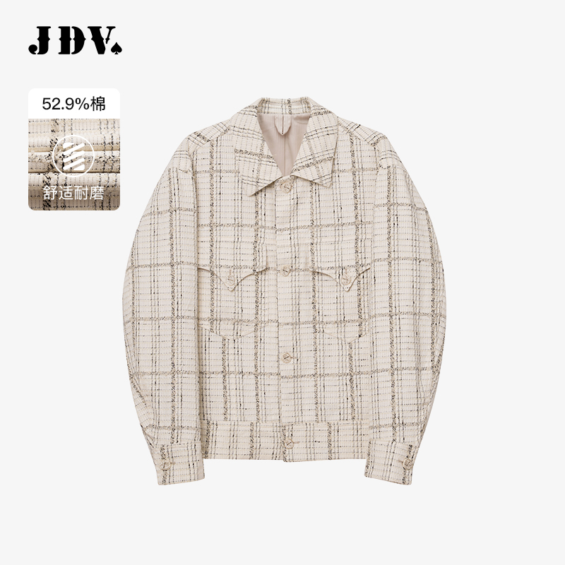 JDV男装2024春夏新品商场同款米色棉质格纹夹克宽松外套WJK4420