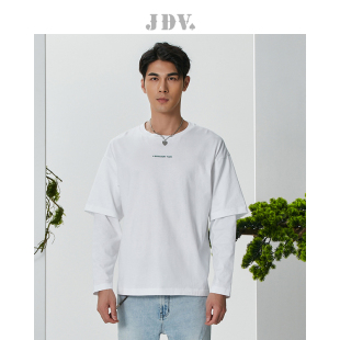 长袖 JDV男装 白色圆领落肩全棉休闲通勤时尚 新品 T恤上衣 年春季